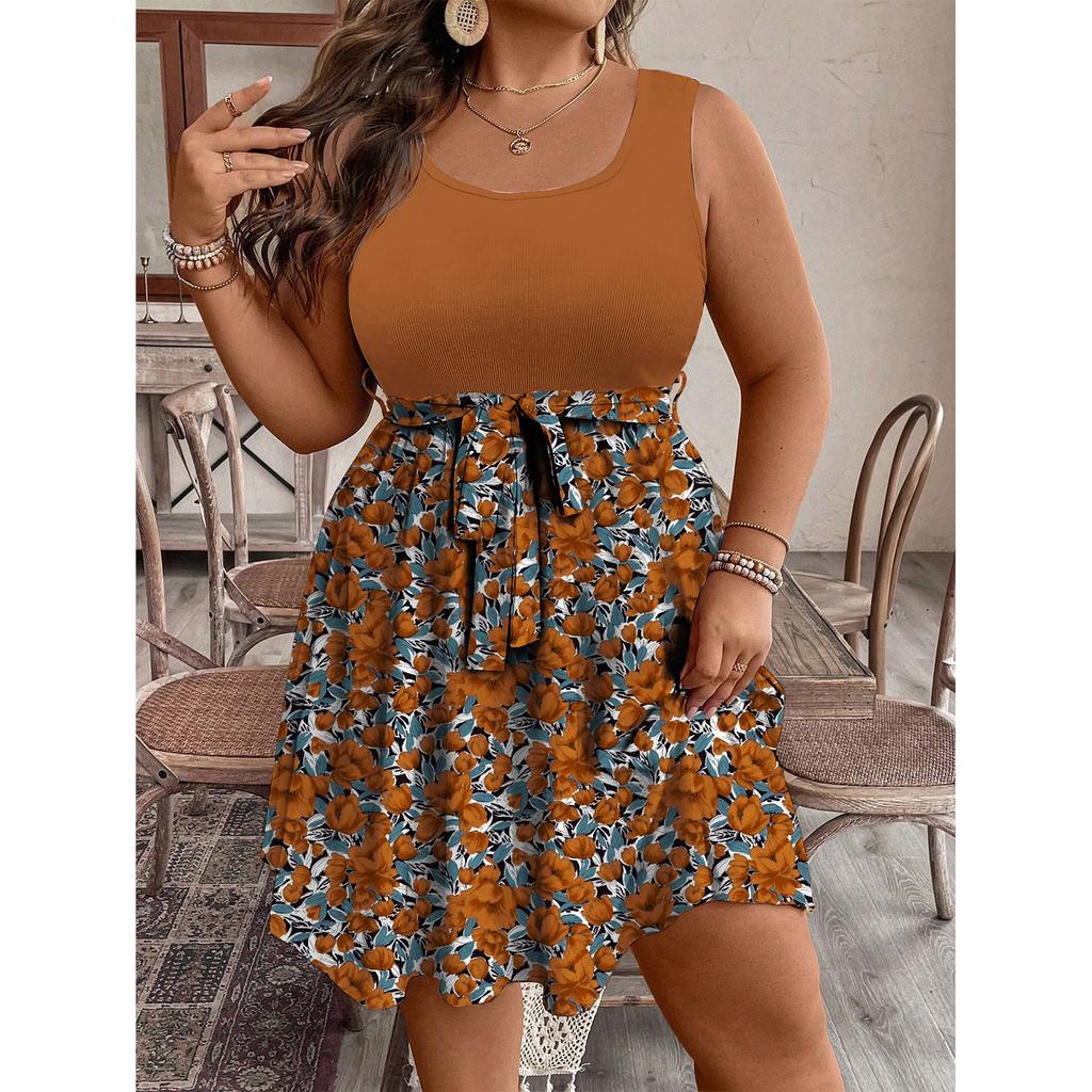 Damen Modisches Lässiges Farbblockiertes Bedrucktes Ärmelloses Taillenkleid in Großer Größe
