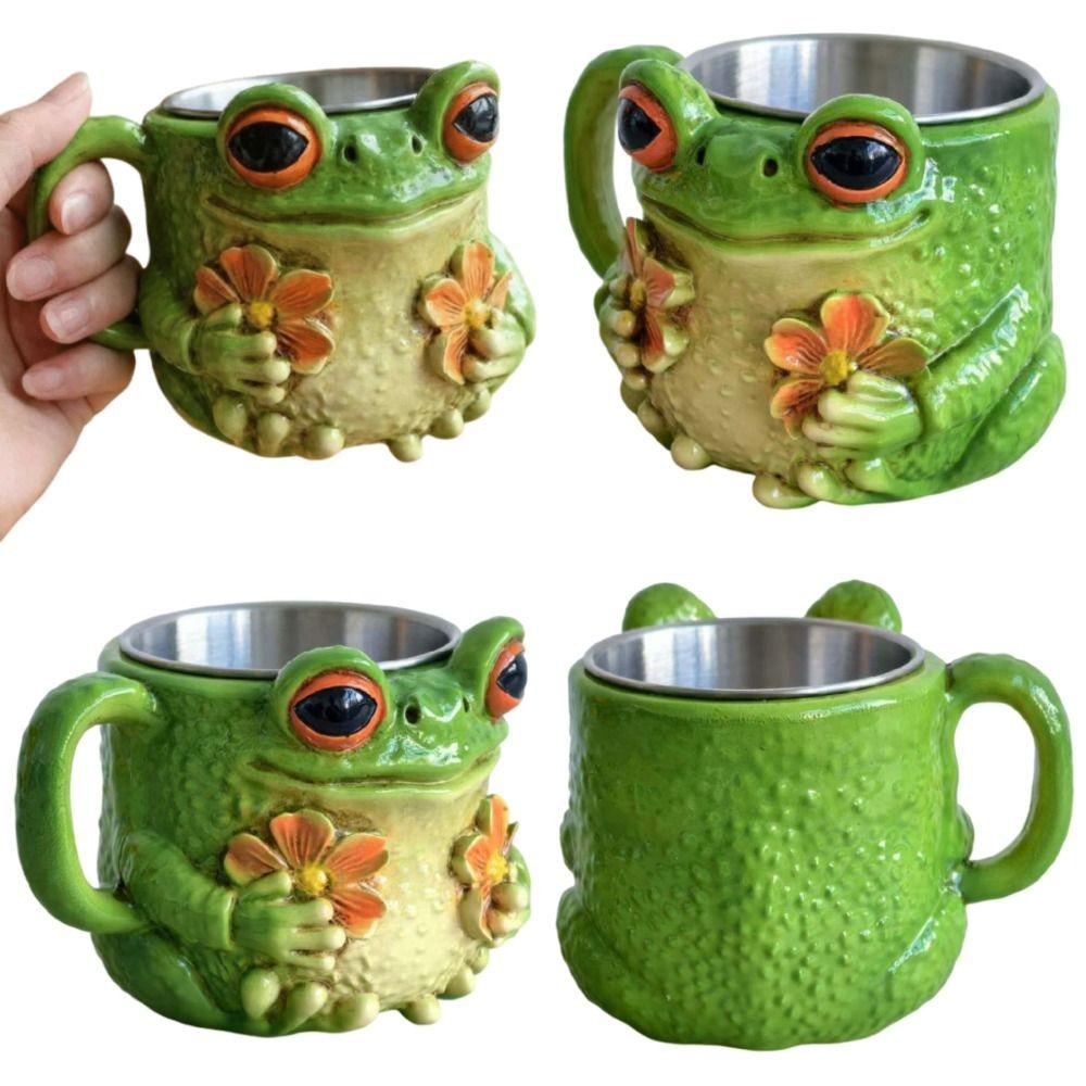 Resin Frog-Shaped Coffee Cup Anti Slip Cartoon Water Cup Safe Frog Floral Pattern Mug Juice