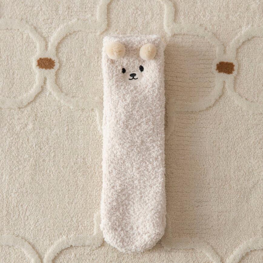Japanese Coral Fleece Bear Cartoon Mid-Calf Socks - Autumn/Winter, Non-Shedding Sleep Socks