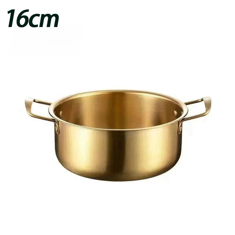 

Korean Style Ramen Pot Stainless Steel With Lid Soup Pot Gold Plated Double Ear Hot Pot Camping Cookware