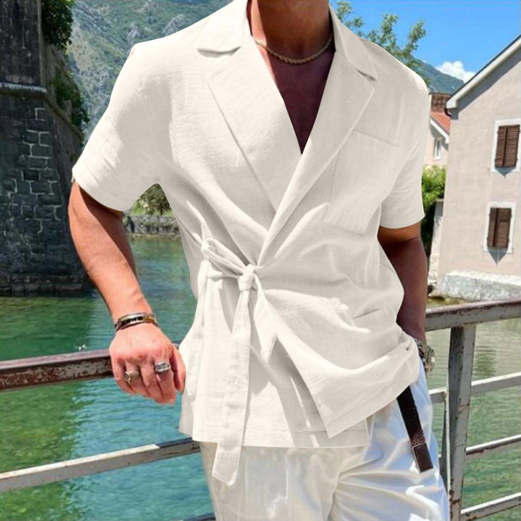 Herredress i ensfarget bomullslin med jakkeslag og knytebluse med korte ermer