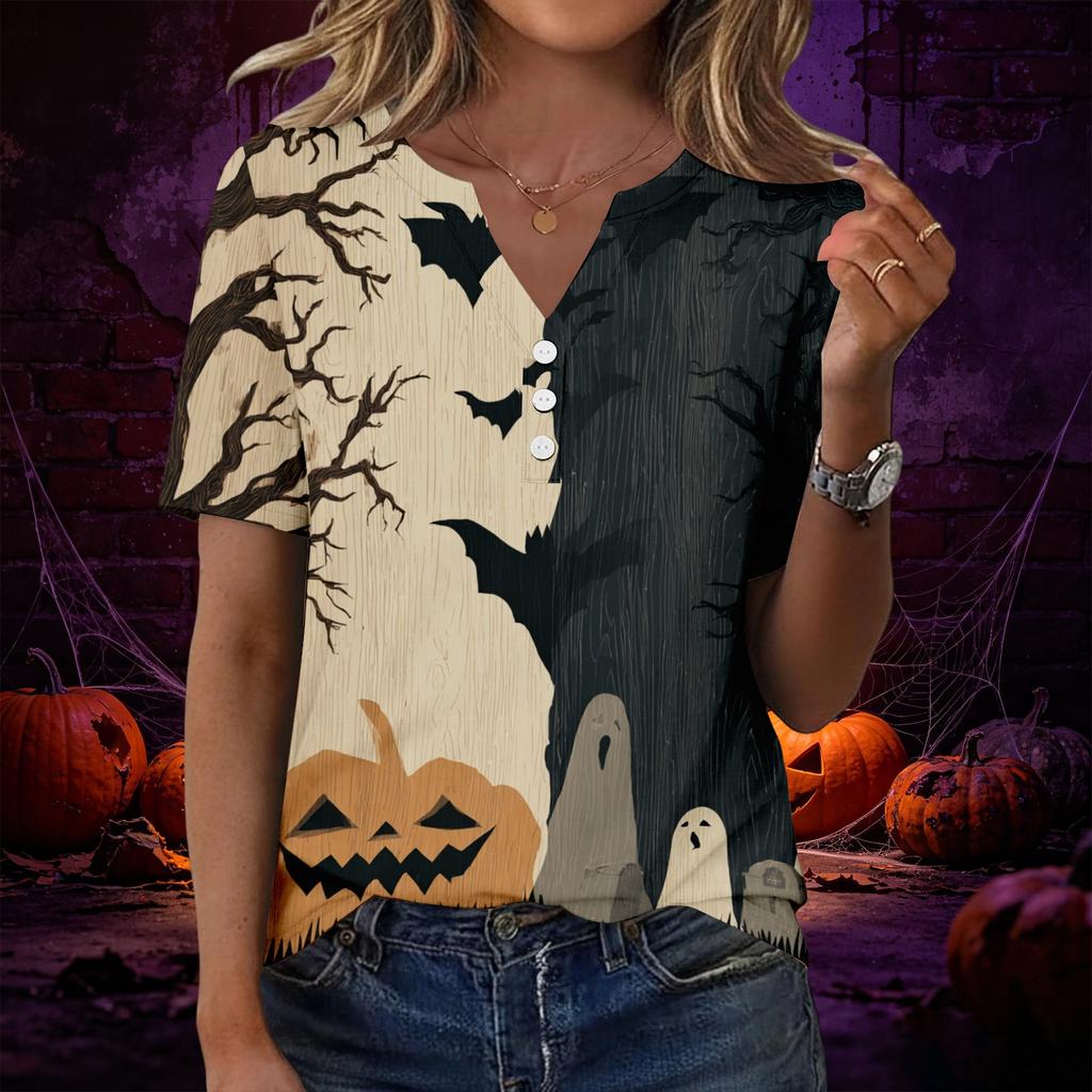 Women’s Fashion Casual Halloween Print V Neck Short Sleeve Decorative Button T Shirt Top for Autumn Daily Wear
