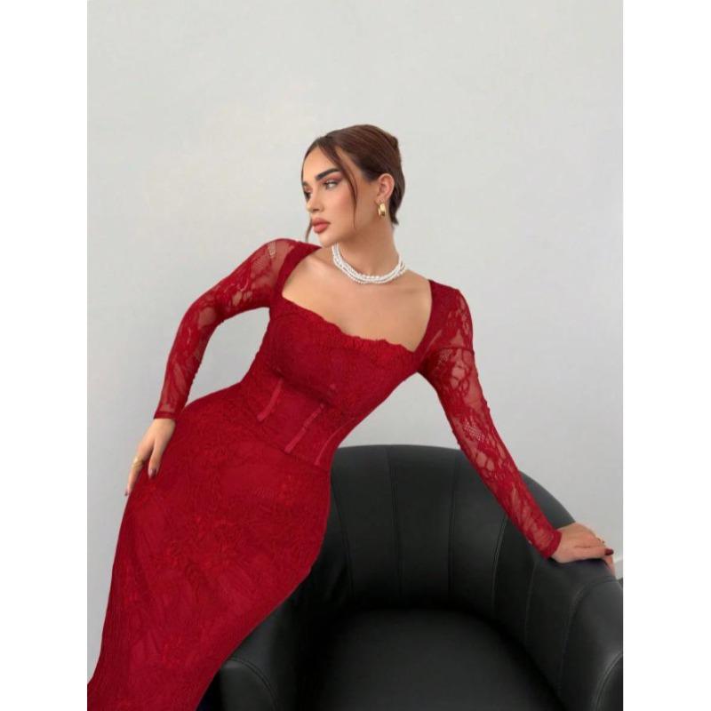 Xiyin Nian Square Neck Lace Splicing Split Fork Waist Skinny Long Sleeve Hip Wrap Zipper Dress