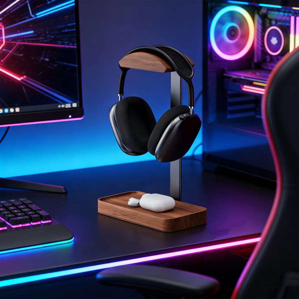 Strong Wooden Headphone Stand Having Rounded Top Shape For Secure Display Of Gaming Headsets