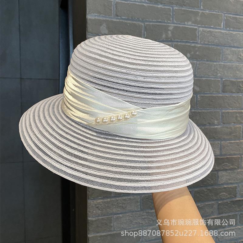 Summer New Transparent Versatile Fisherman Hat Children Pearl Chain Sunshade Sun Protection Hat Casual French Beach Top Hat
