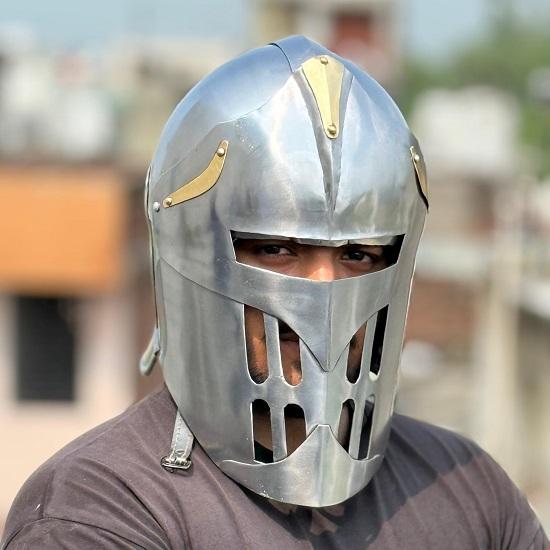 Visor of Aegis Prime Handcrafted Medieval Knight Helmet with Golden Accents for LARP, Cosplay Collectors