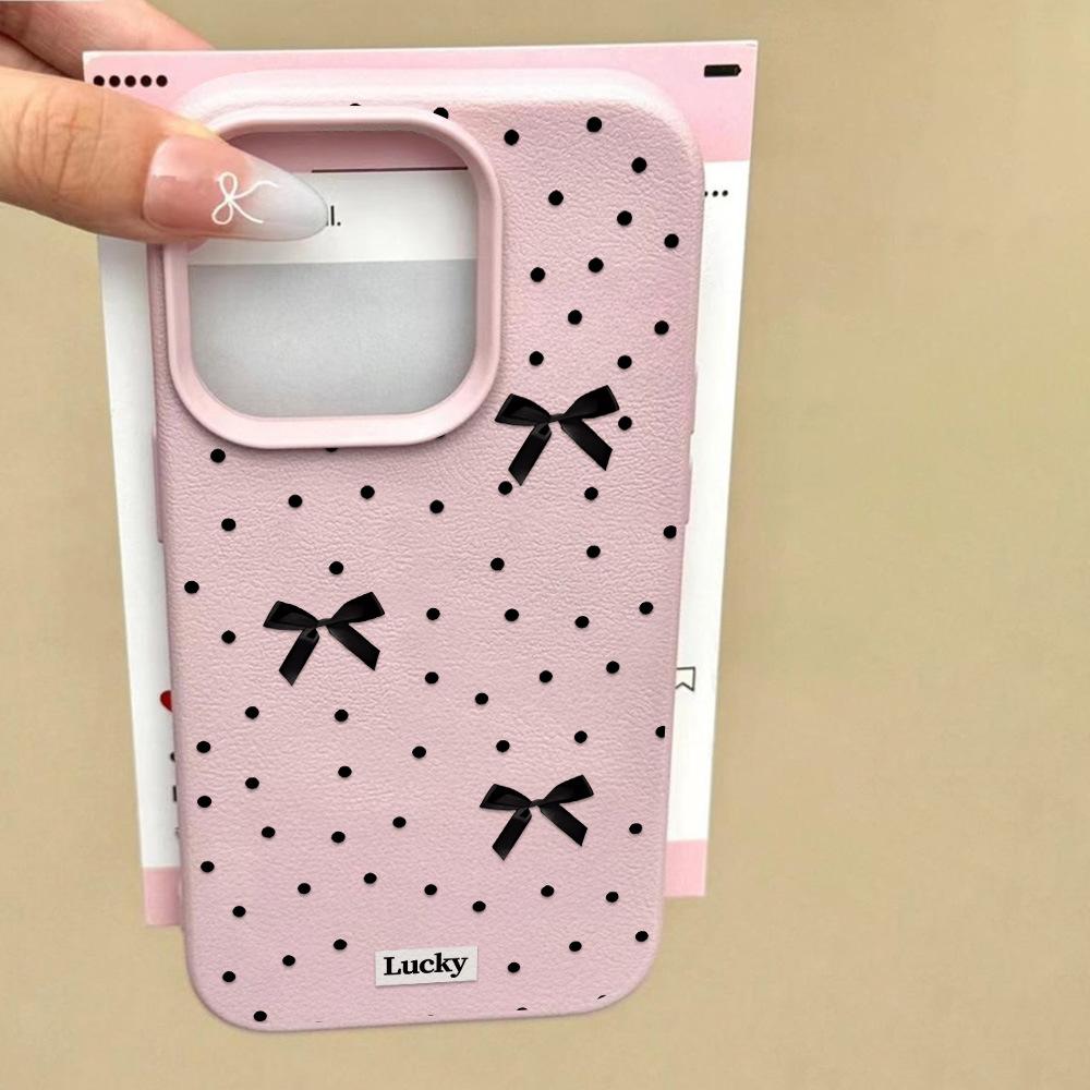 Black polka dot bow is suitable for iPhone17 Pro leather pattern mobile phone case 17 all-inclusive 15 large holes 16 soft case factory