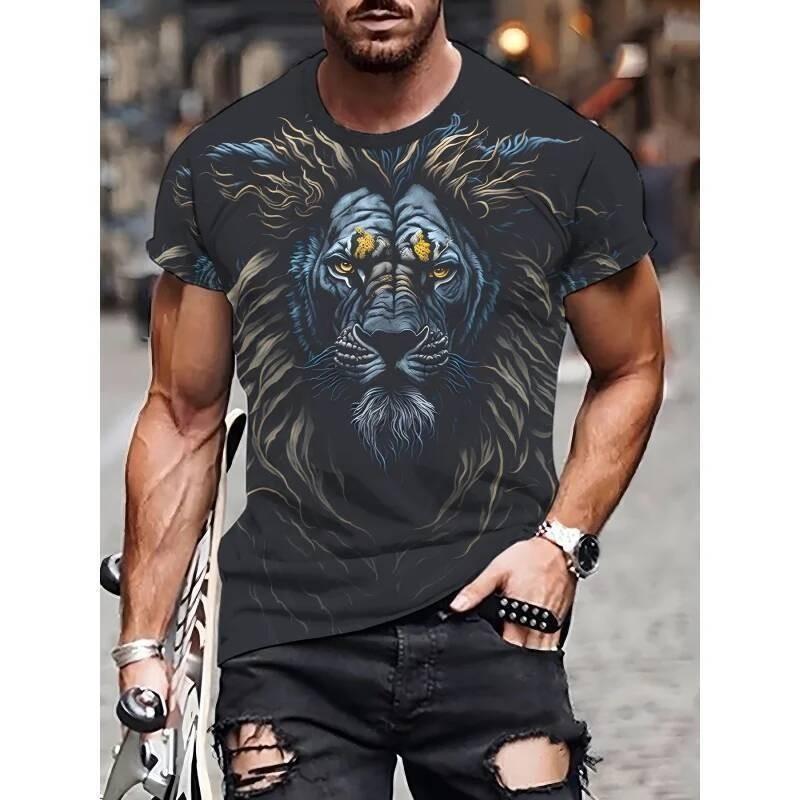 Cool Tiger and Lion Pattern Men's T-shirt Fun Animal 3D Printing T-shirt Summer Fashion Round Neck Top Extra Large Short Sleeve T-shirt