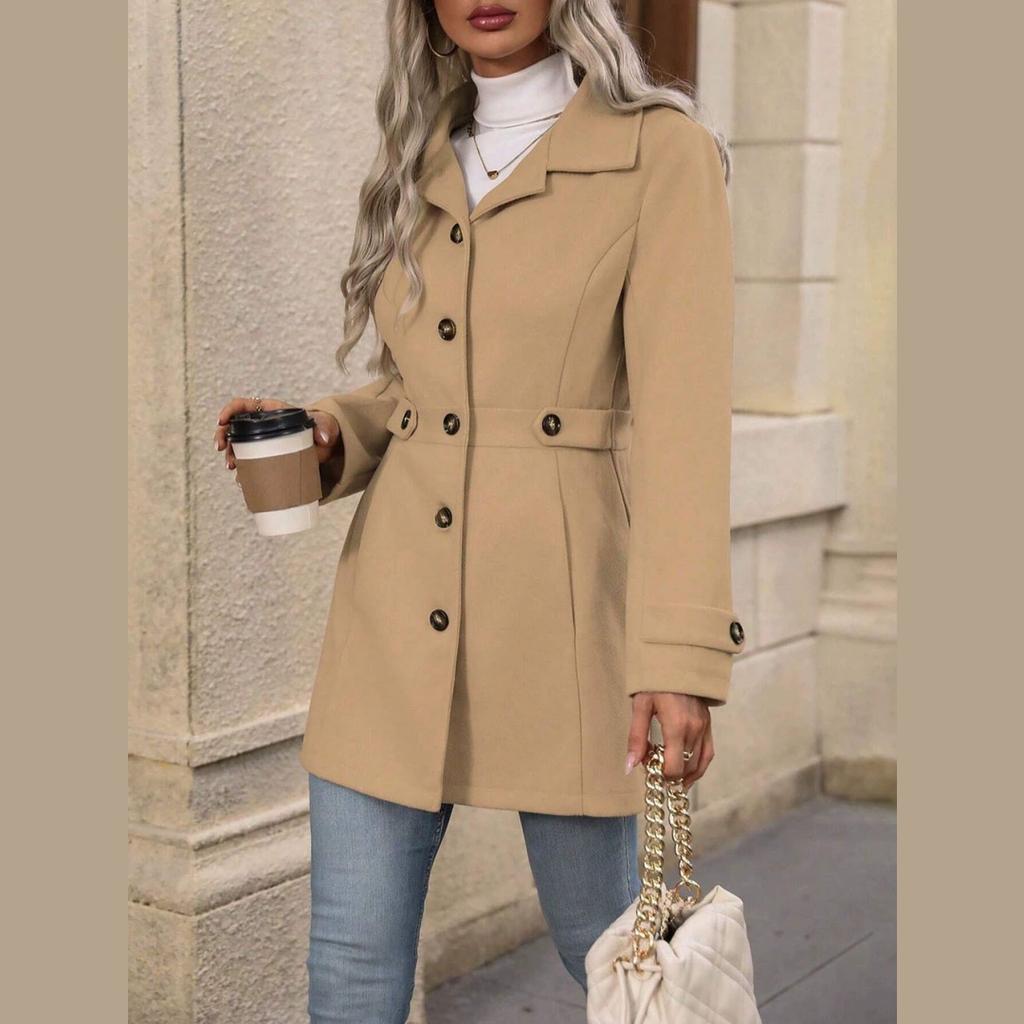 Autumn Ladies Mid-length Temperament Woolen Coat Lapel Button Temperament Slim Woolen Jacket