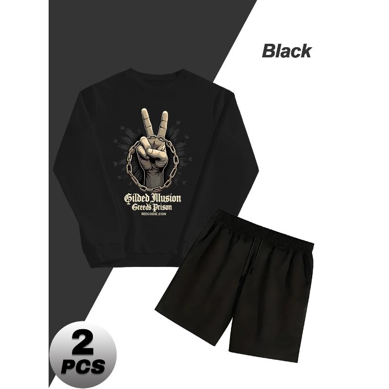 

Men s Crew Neck Sweatshirt and Shorts 2 Piece Set Lightweight Casual Wear XXL чорний