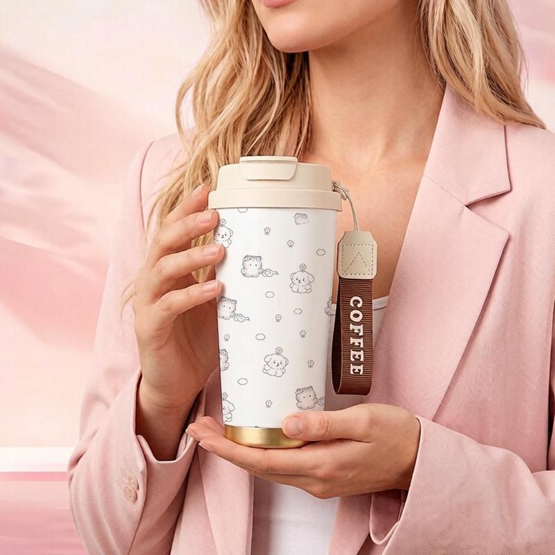 Coffee Mug 532ml Cat Dog Tiny Flower Element Lanyard Insulated Cup Gift Cup Commute Coffee Cup Leakproof Hand Cup Beach Cup Coffee Mug 532ml