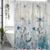 Blue Floral Plant Dragonfly Shower Curtain, Bathroom Decorative Shower Curtain, Waterproof Shower Curtain with Hooks