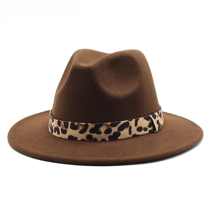 Woolen Top Hat Leopard Print Solid Color Hat Women'S Flat-Brimmed Big-Brimmed Jazz Hat 22 Colors