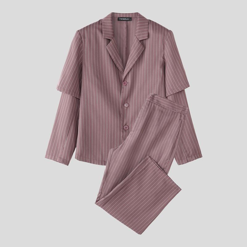 INCERUN Men Sets Layers Long Sleeve Striped Tops and Long Pants Casual Suits