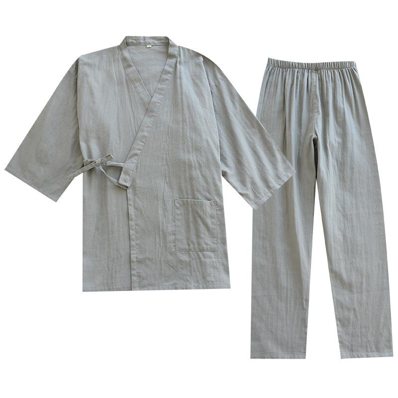 Kimono Lace-up Spring and Autumn Pajamas Men's Three-quarter Sleeve Double-layer Cotton Home Service Summer Gauze Solid Color Japanese Suit