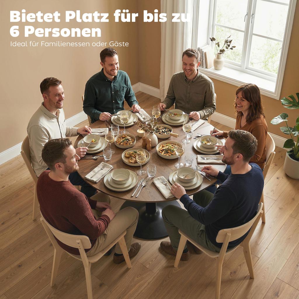 Round Dining Table for 6 People, 110 cm Modern Kitchen Table with Base for Living Room, Brown Wood Grain
