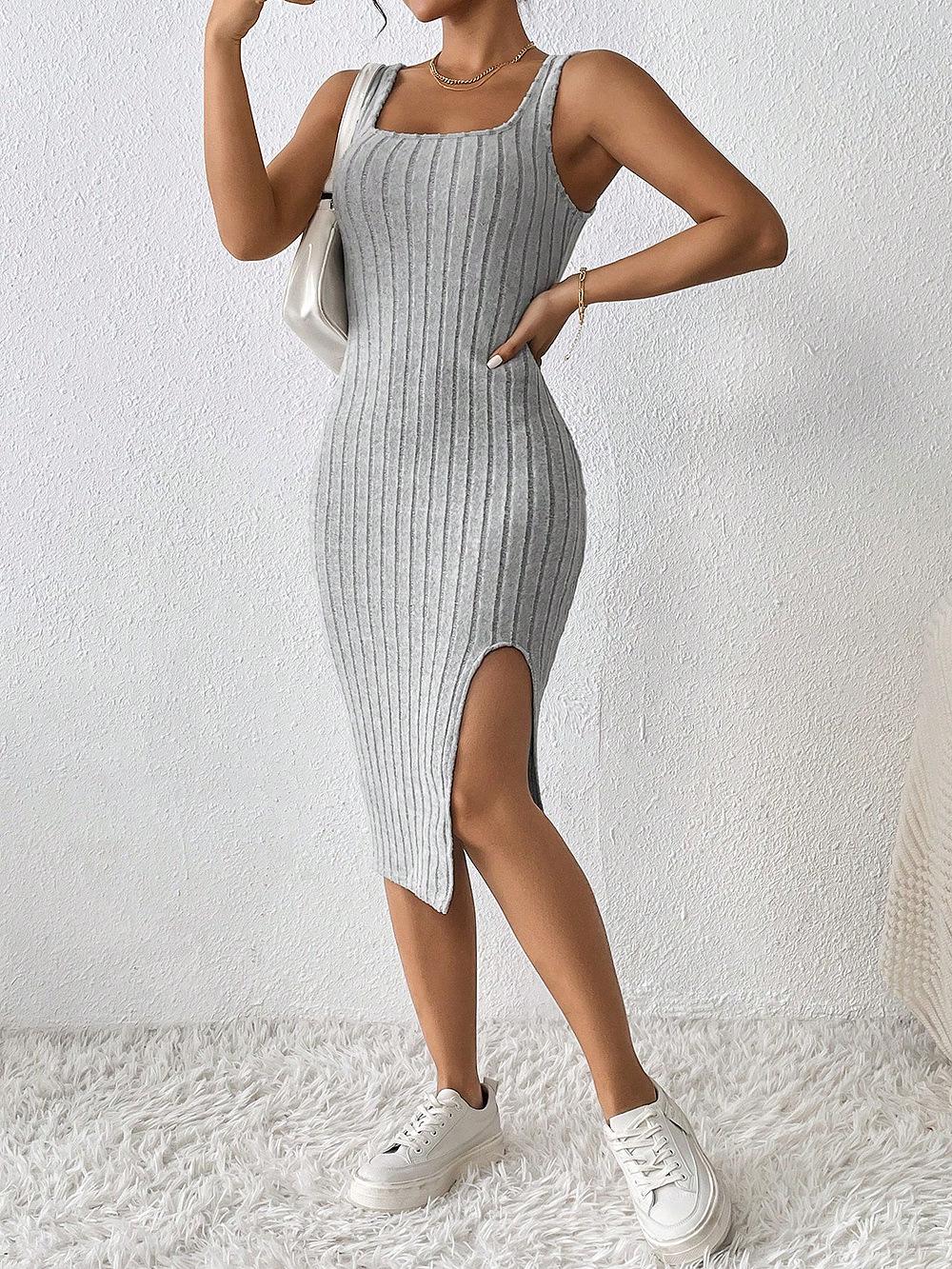 2025 Spring/Summer Slim Ribbed Spaghetti Strap Slit Dress XXL