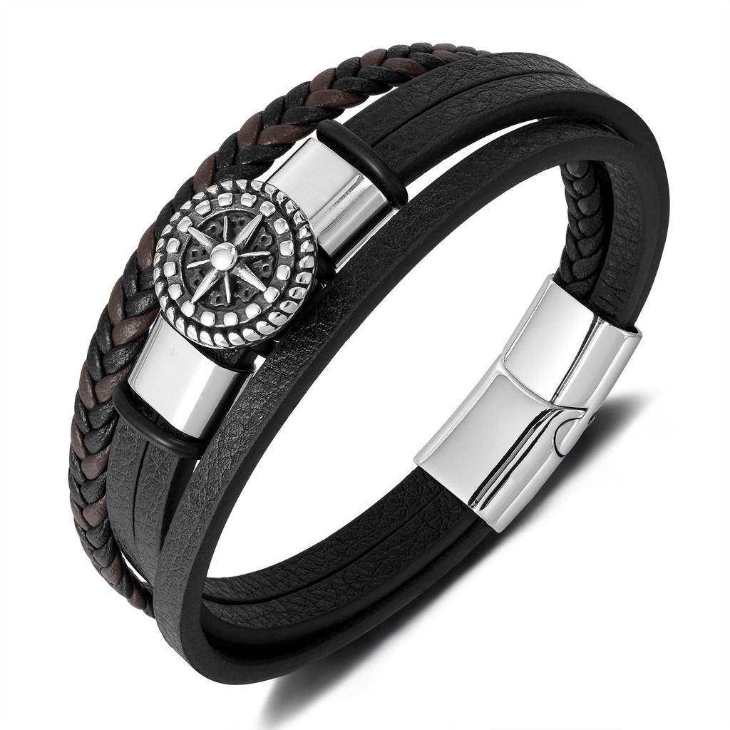 E-commerce Leather Bracelet Men's Stainless Steel Personalized Design Octagonal Star Multi-layer Woven Titanium