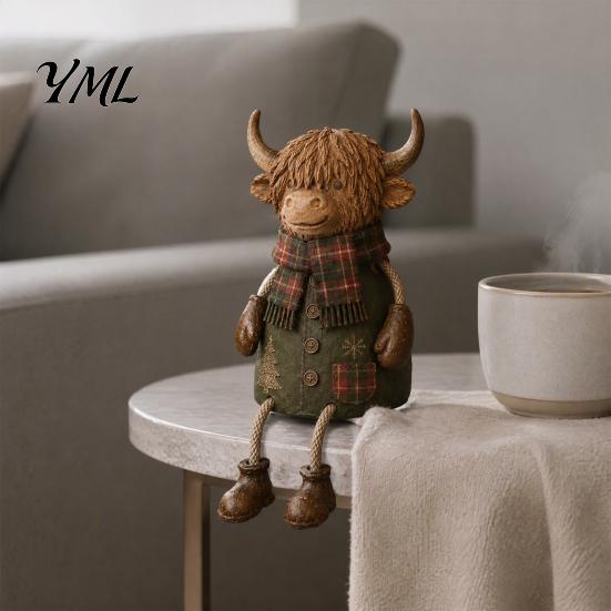 Warm Festive Room Accents Christmas Highland Cow Figurine, Cute Ornament with Retro Plaid Clothing for Farmhouse Holiday Charming Animal Art