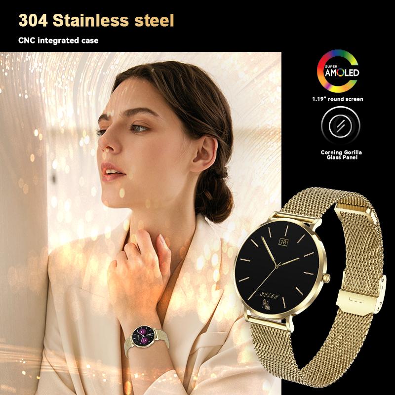 SACOSDING Mini Ultra Thin Fashion Ladies Smart Watch AMOLED Screen Health Monitor Wristwatch Fitness Tracker Women Ladies Smartwatch