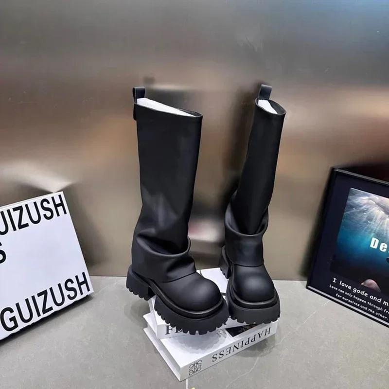 Punk Style Women Motorcycle Knee-High Boots Fashion Thick Heel Shoes Autumn Winter Non Slip Women's Knight Long Booties