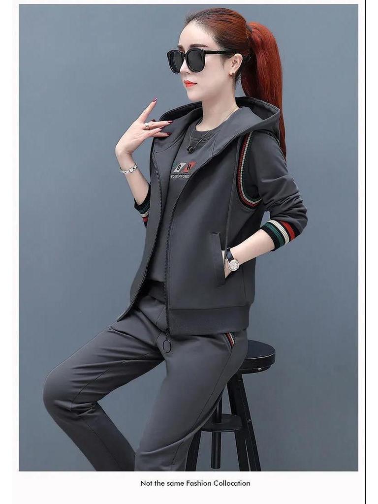 Set Sportiv de Damă din 3 Piese Stil Coreean Mărimi Mari Hanorac & Vestă (Toamna 2022)
