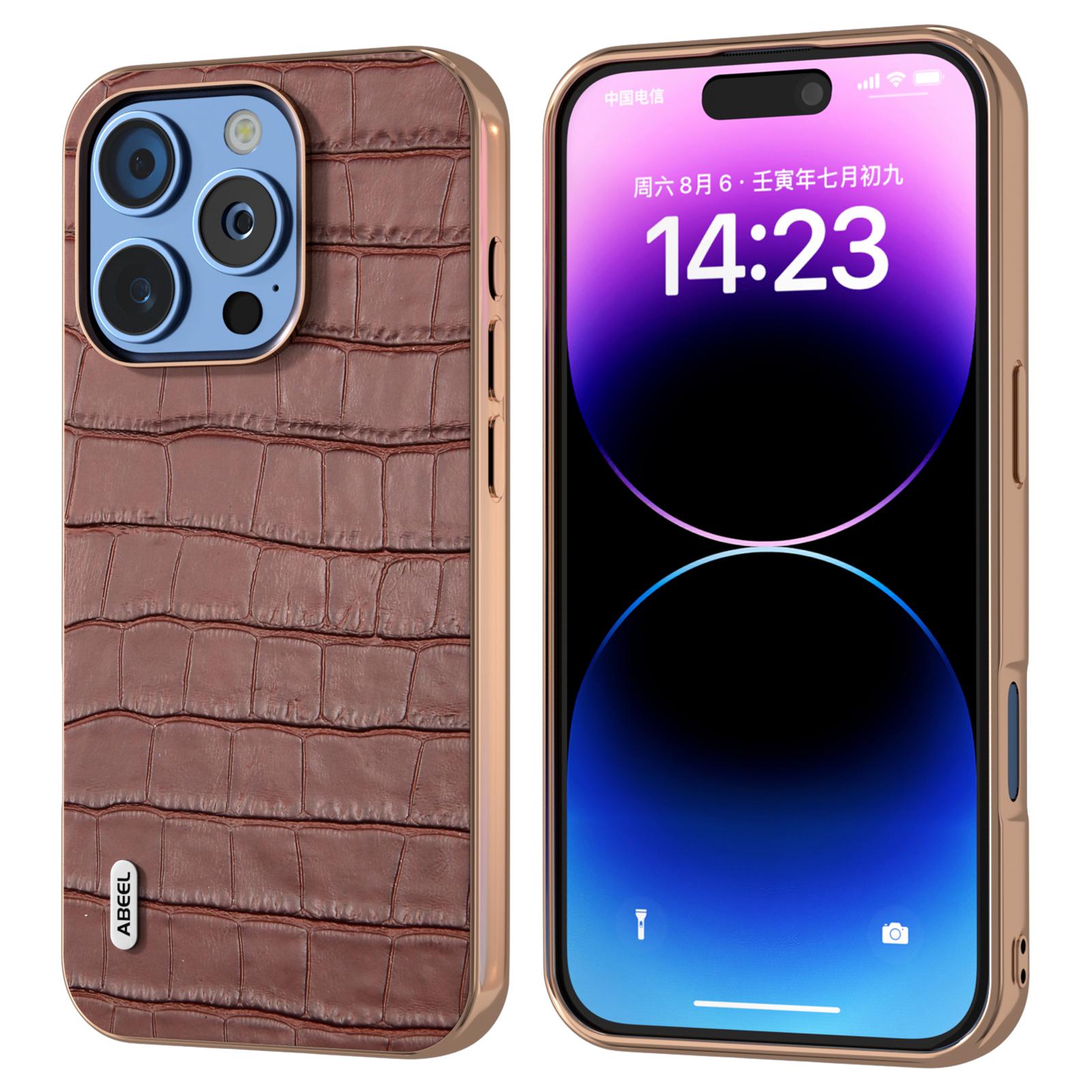 

ABEEL For iPhone 16 Pro Max Case Electroplating Phone Cover Crocodile Texture Genuine Cow Leather+TPU Protective Case C