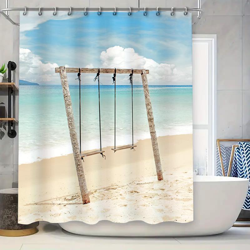

Summer Beach Swing Shower Curtain Waterproof Bath Decorations Wooden Sea Blue Sky Print 3D Customizable Shrink Film Curtains for 90x180cm