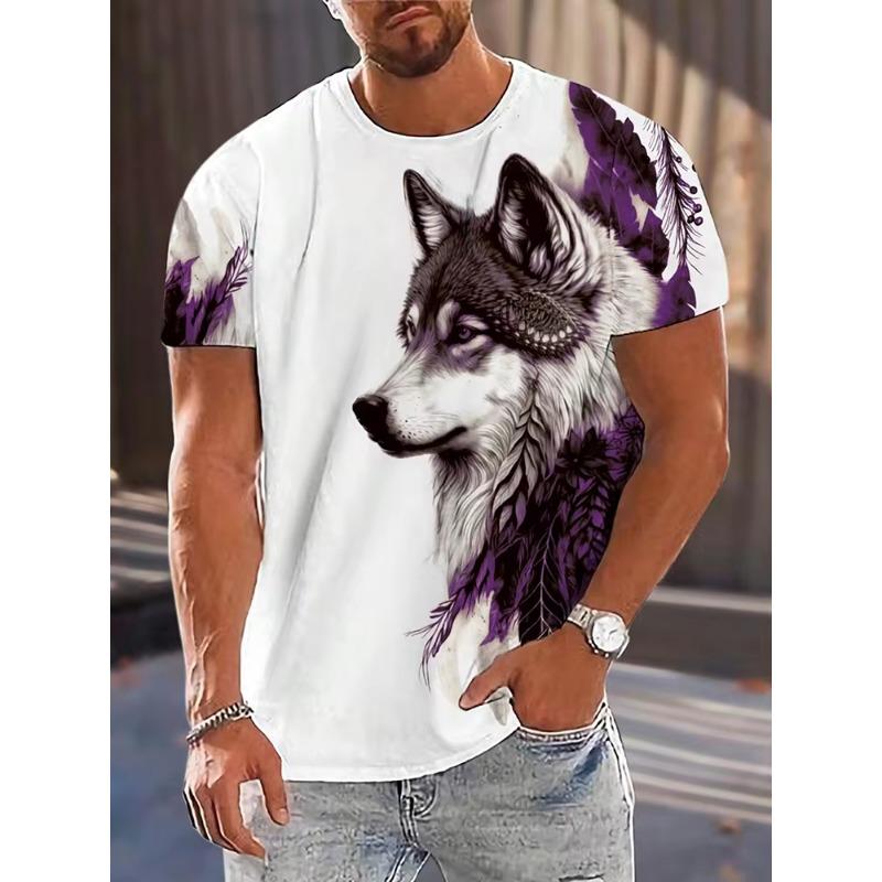Men's T-shirt Wolf Print Casual Streetwear Fashion Short-sleeved Pullover Summer Outdoor Sports Top Tee Oversized Clothing