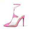 2025 Summer New Women Sandals Pink Satin Clear Pvc Crystal Bling Bling Thin High Heels Slingback Ankle Strap Sandals