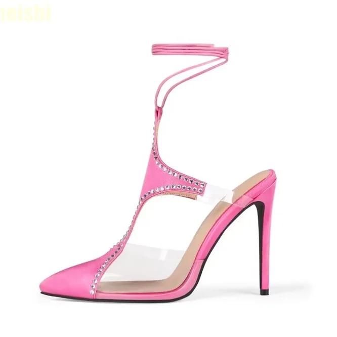 2025 Summer New Women Sandals Pink Satin Clear Pvc Crystal Bling Bling Thin High Heels Slingback Ankle Strap Sandals