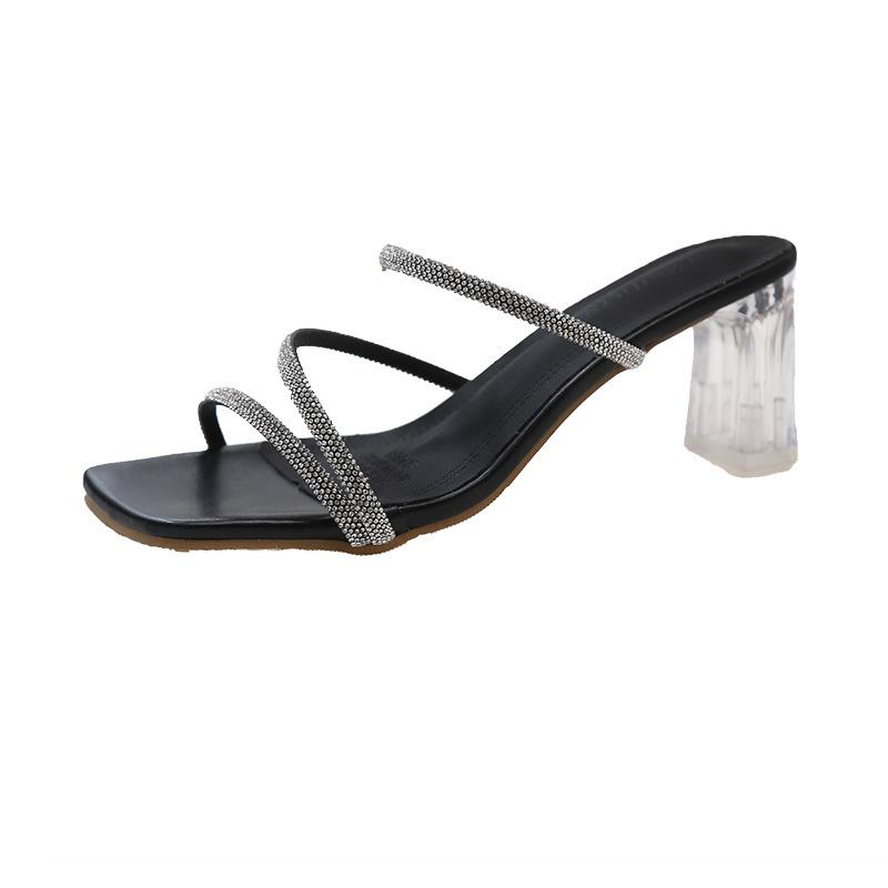 French high-heeled slippers women's summer outer wear 2025 new rhinestone small fragrant wind transparent word with thick heel crystal sandals