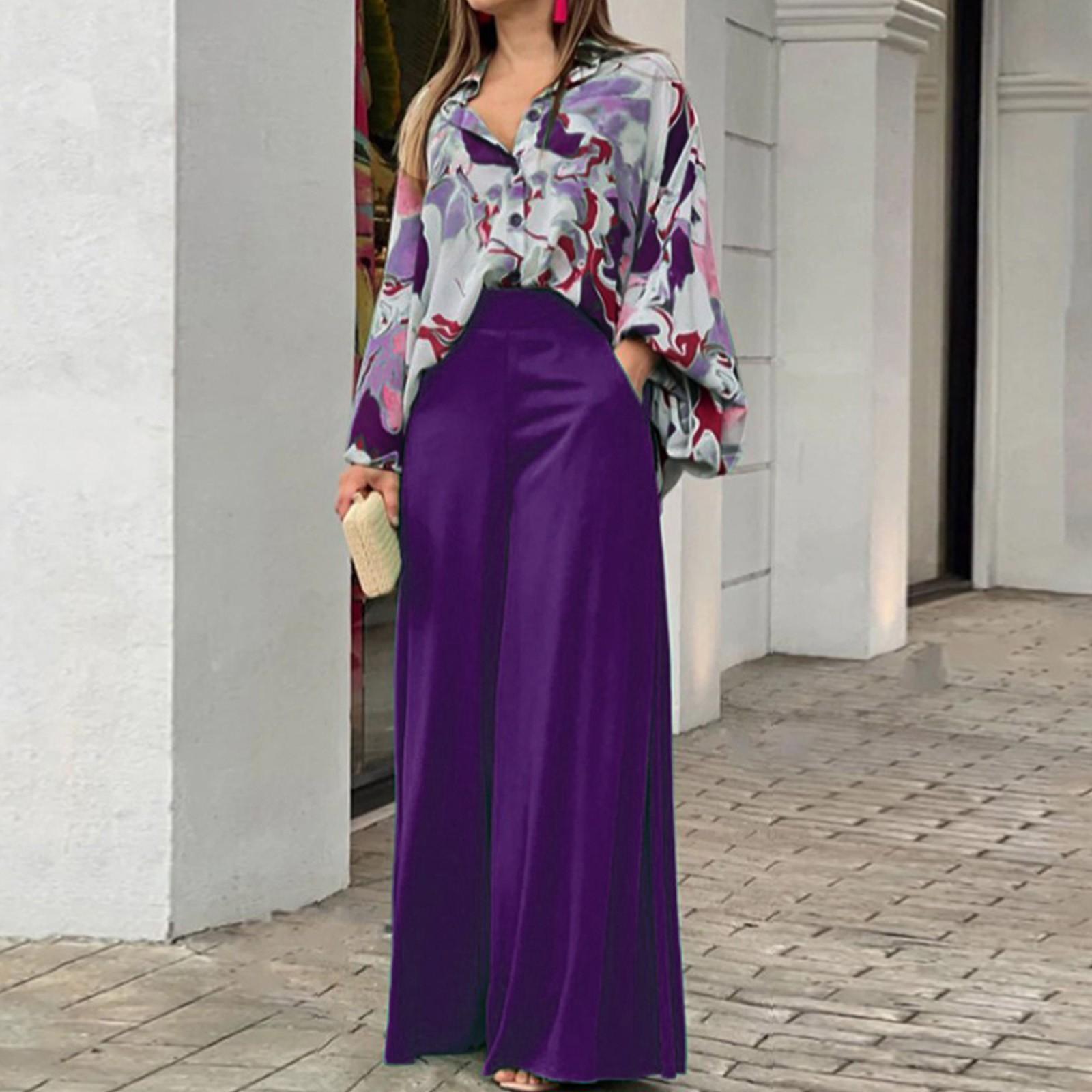 

Женский И Зимний Повседневный Комплект Свободная Рубашка с Лацканами на Пуговицах Брюки с Завышенной Талией и Широкими Штанинами С Карманами Комплект из Двух Предметов S фиолетовый