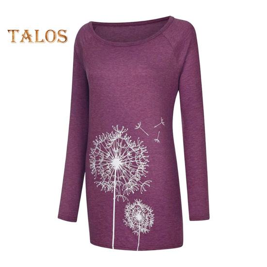 Tunique grande taille pour femme, imprimé pissenlit, chemise longue, col ras du cou, manches longues, pull-over, chemisier décontracté, coupe ample, pour le travail et la vie quotidienne