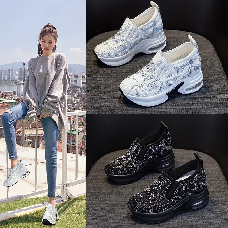 Fashion 9cm Women's Shoes 2024 Spring and Summer New Leisure Increase Small White Shoes Rhinestone Thick Sole Sports Air Cushion Shoes