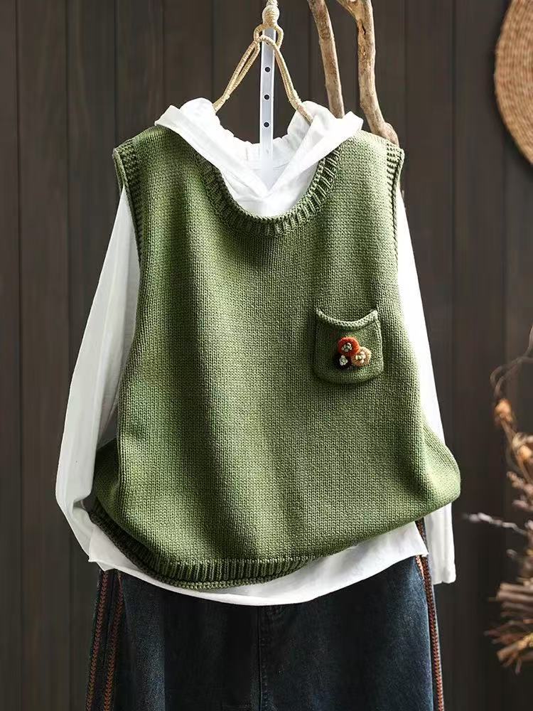 

Johnature Women Vintage Pullover Sweaters Vest Sleeveless O-Neck Knitted Soft Patchwork Pockets Autumn Sweaters One Size зелений