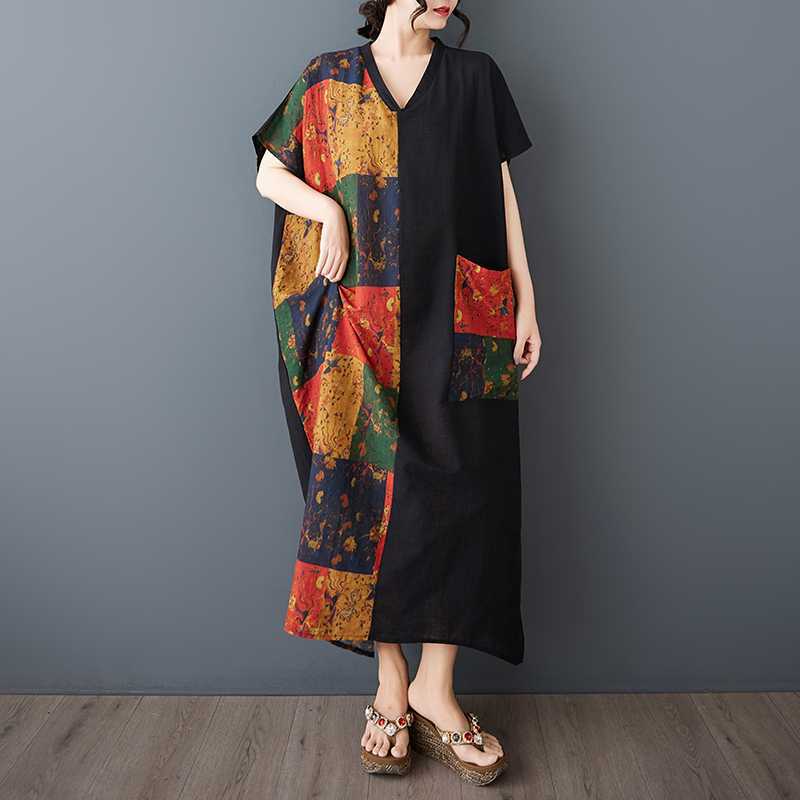 Women's Cotton and Linen Retro Slimming Short Sleeved Color Blocked Dress