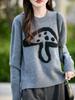 2025 Autumn/Winter Women's Loose Round Neck 100% Wool Knitwear with Mushroom Embroidery and Layered Cashmere Base.