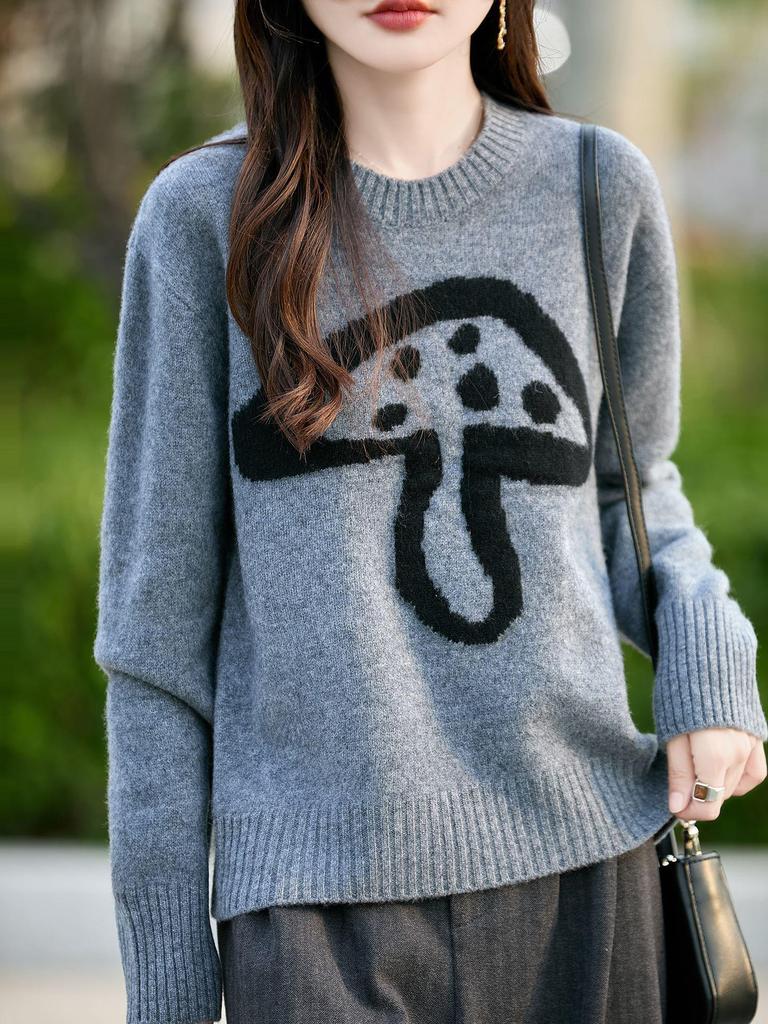 2025 Autumn/Winter Women's Loose Round Neck 100% Wool Knitwear with Mushroom Embroidery and Layered Cashmere Base.