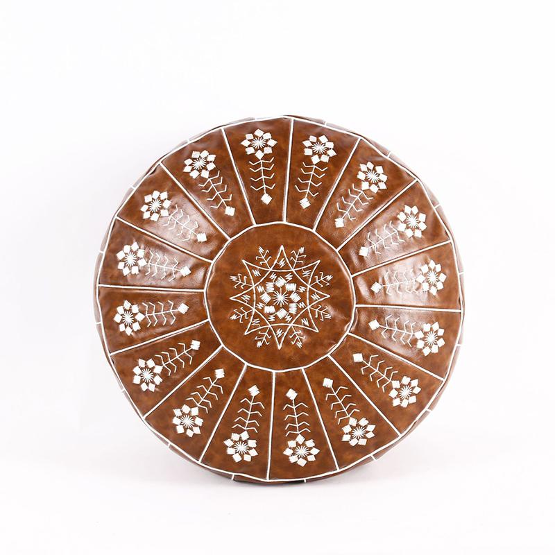 Nordic Style Moroccan Artificial Leather Pouf Craft Mandala Embroidery Ottoman Cover Footstool Round Unstuffed Cushion Cover