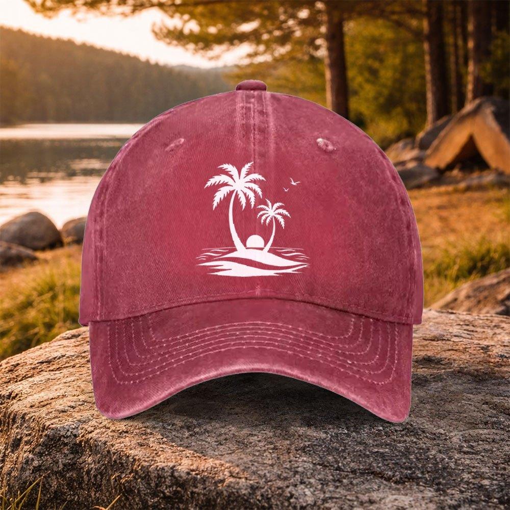 Coconut Tree Island Print Washed Baseball Cap Unisex Duckbill Cap for Golf Casual Outdoor Daily Wear
