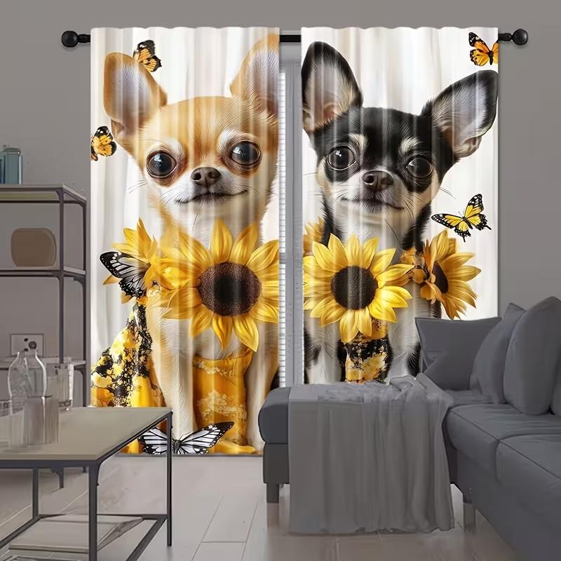 2Pcs Cute Yorkshire Terrier Print Curtains,suitable for Bedroom,living Room Kitchen Decoration,home Decoration,window Decoration