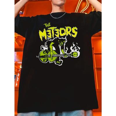 Men's Summer Casual Black T-Shirt with The Metors Graphic Crew Neck Polyester Machine Washable Featuring Flame & Guitar Design