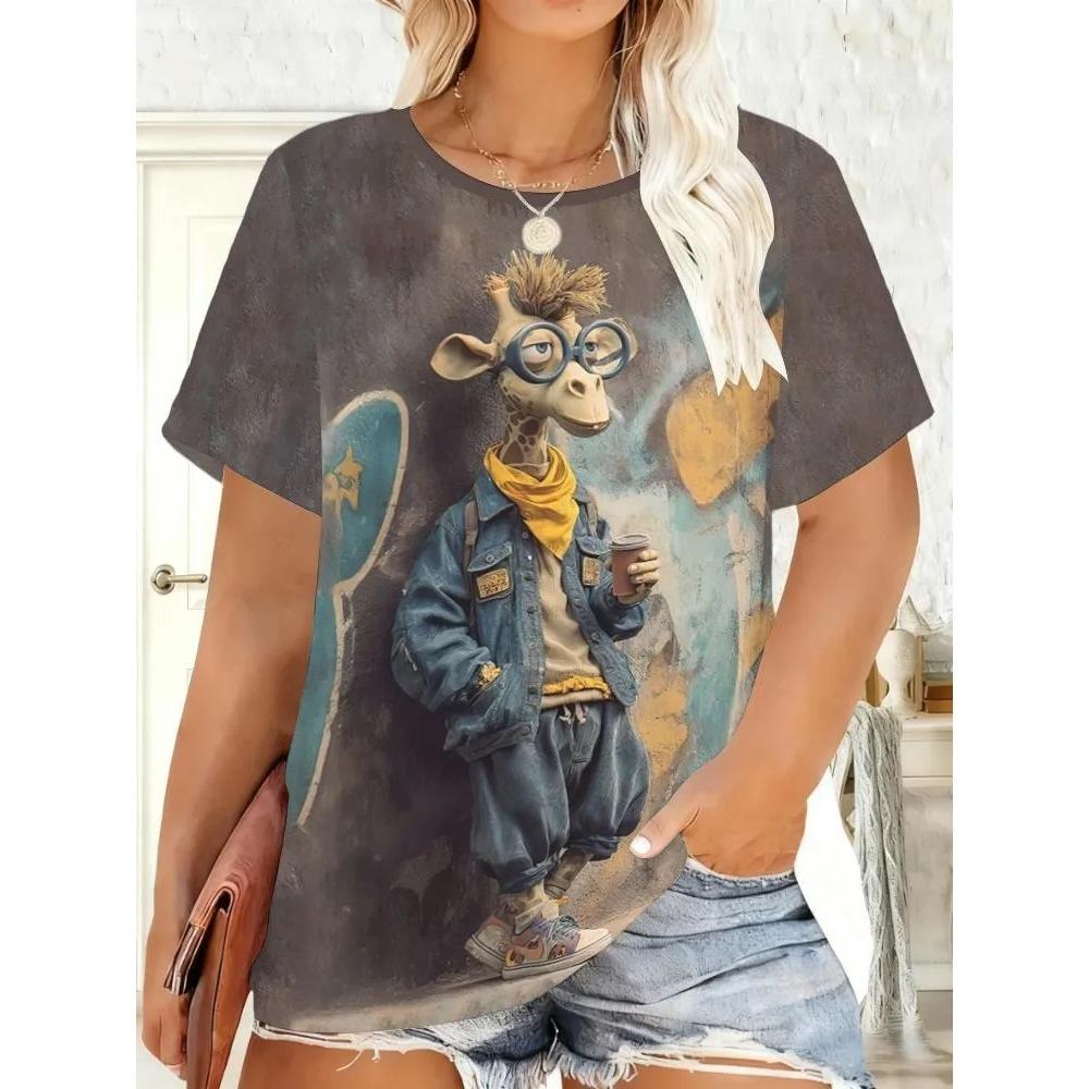 Ladies' Summer Fashion Casual T-shirt Fun Animal Pattern Printing Loose Large Size Soft Breathable Round Neck Short Sleeve T-shirt