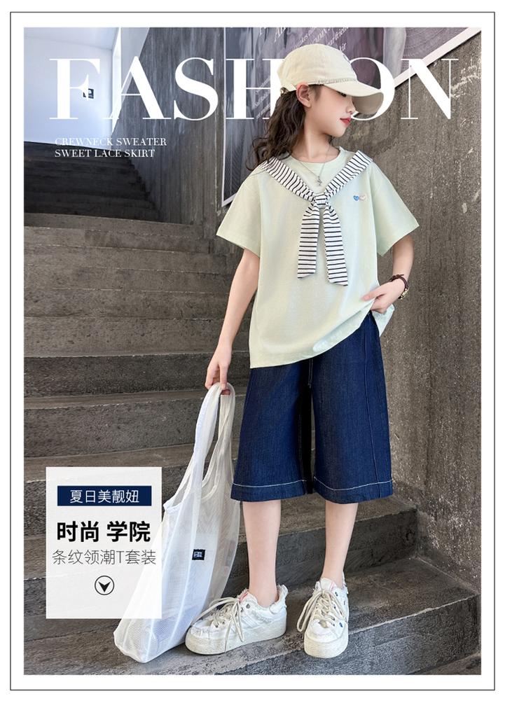 Girls' College Style Set 2026 Summer New Striped Tie T-shirt Clear Color Jeans Middle and Large Children's Two Piece Set