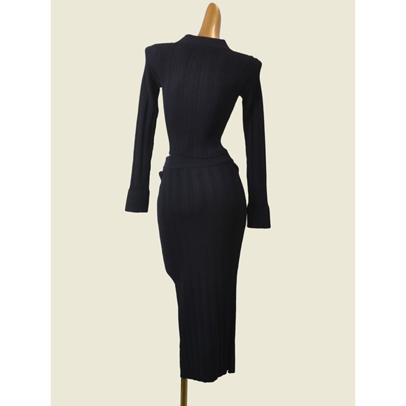 Spring New Arrival Polo Collar Silm Short Knitwear Long Sleeves Silm Versatile Hip Skirt Midi Dress Two-piece Set