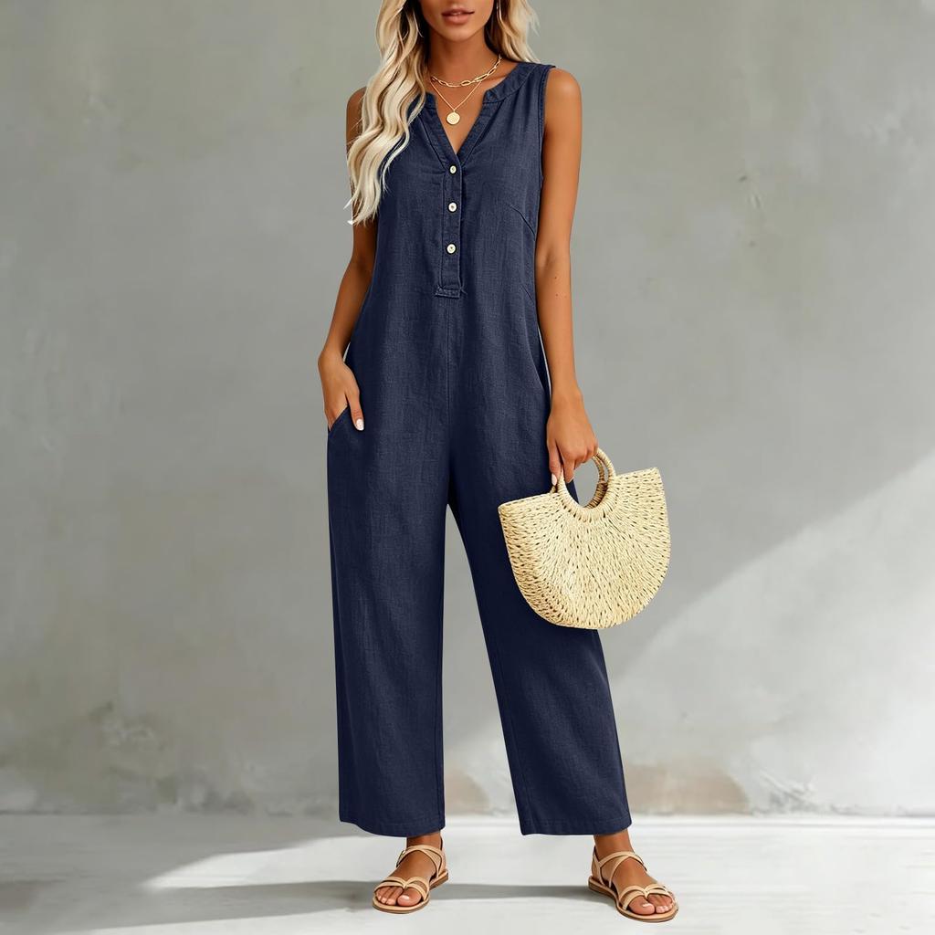 Damen Freizeit Ärmelloser V-Ausschnitt Knopfleiste Strampler Weiter Baggy Latzhose Mit Tasche