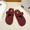 Fashion Rose Red Round Toe Lambswool Ballet Flats Woman Warm Teddy Fur Mary Jane Shoes Ladies Brand Design Winter Fluffy Mule Slippers