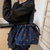 Fashion Denim Tote Bag for Women with Cherry Print Casual Messenger Handbag with Drawstring Closure and Polyester Lining Large Capacity Shoulder Bag