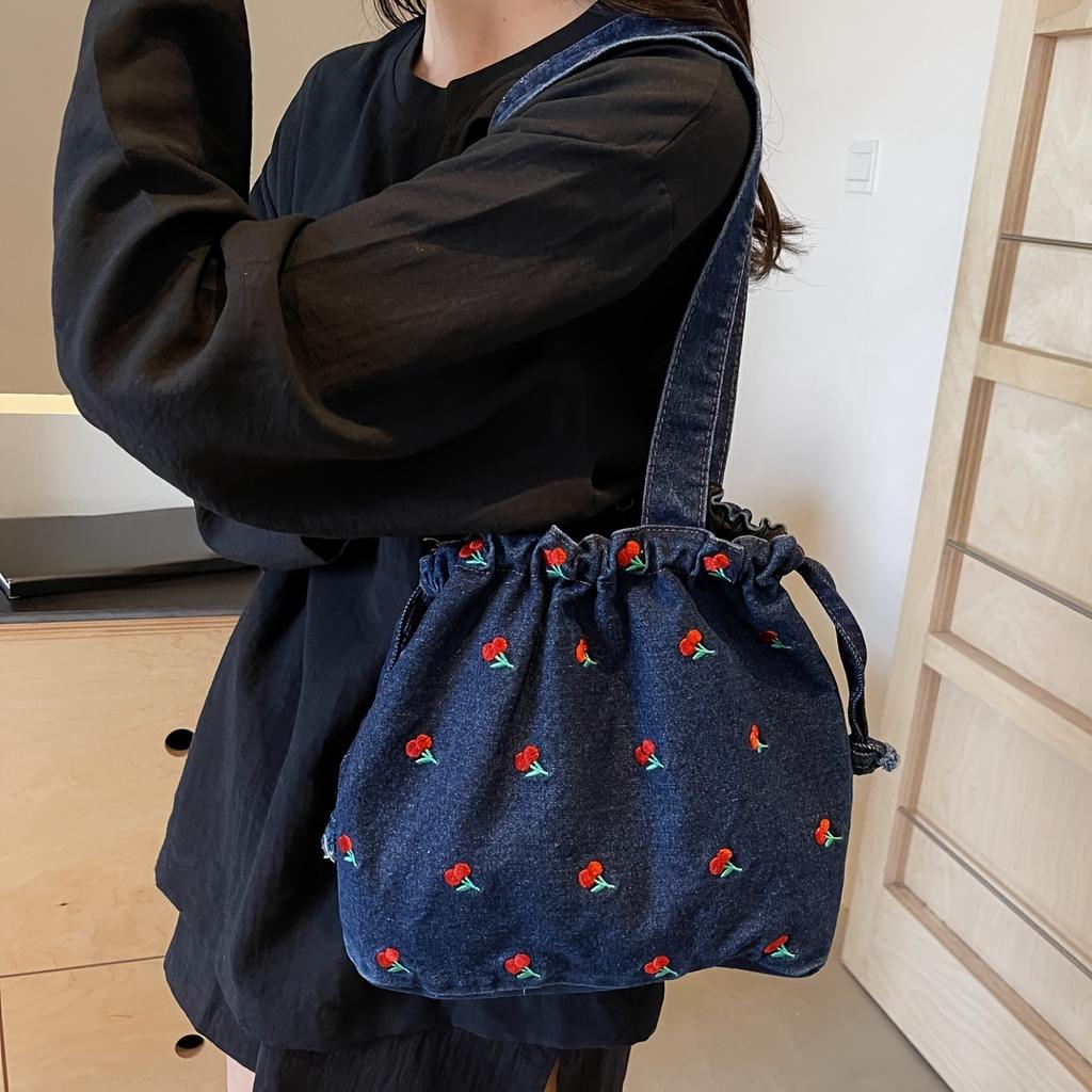 Fashion Denim Tote Bag for Women with Cherry Print Casual Messenger Handbag with Drawstring Closure and Polyester Lining Large Capacity Shoulder Bag